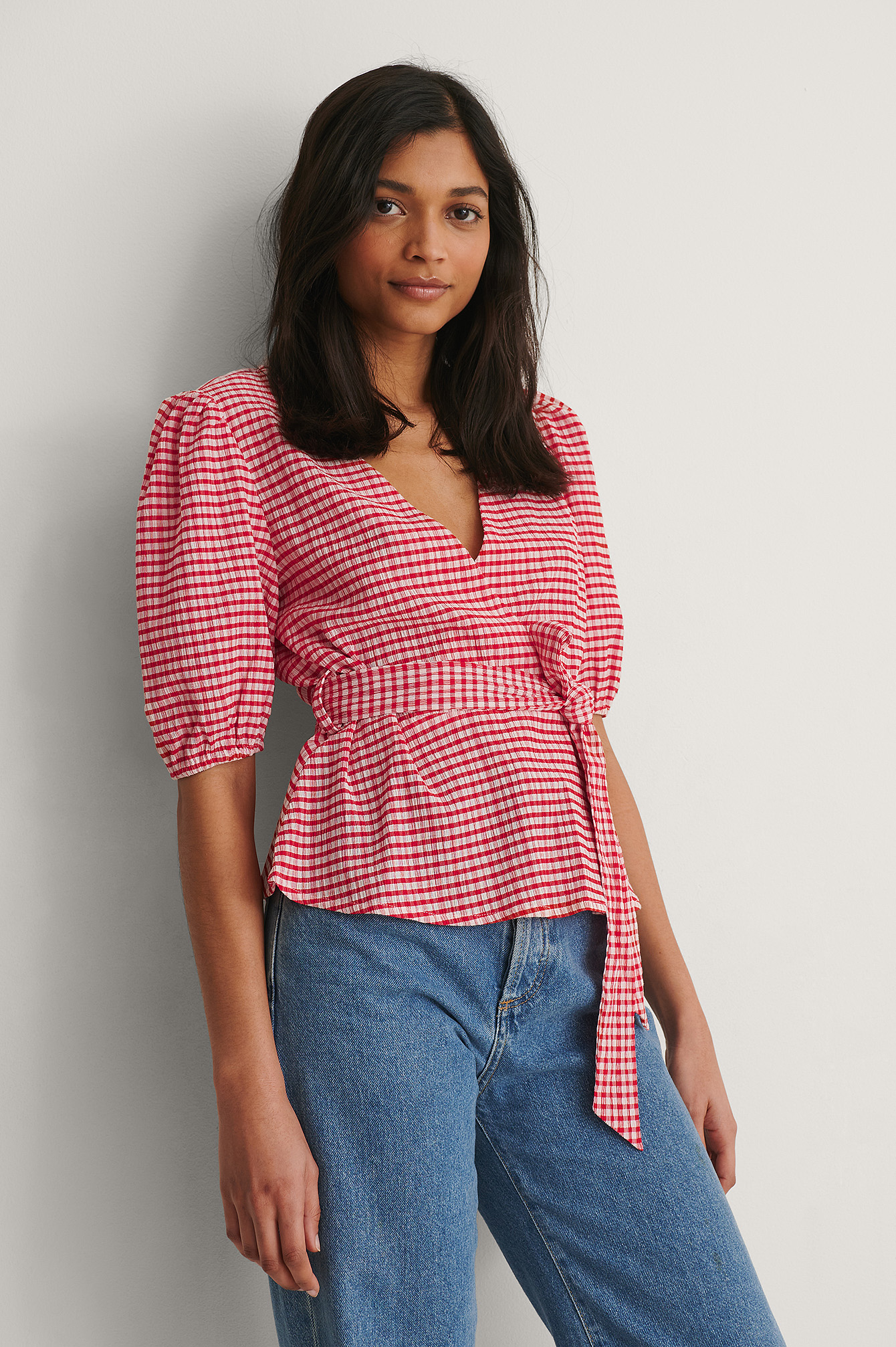 Red Check Tie Side Fitted Blouse