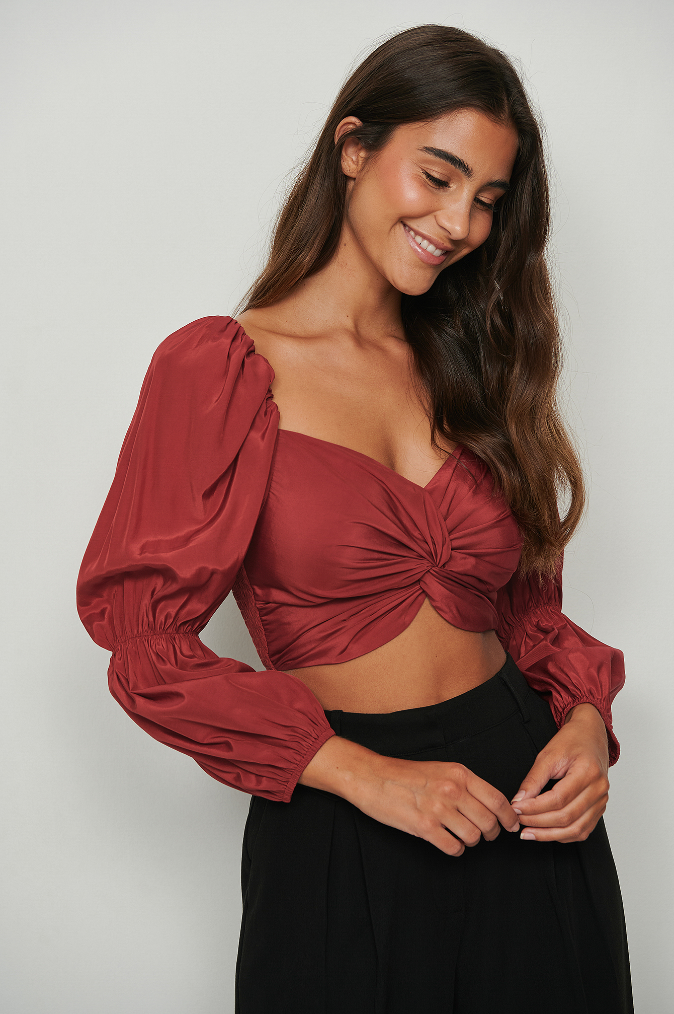Red Recycled Twisted Front LS Blouse
