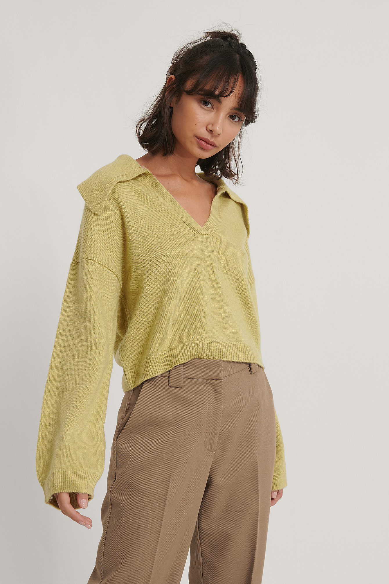 Olive Wide Sleeve Collar Detail Knitted Sweater