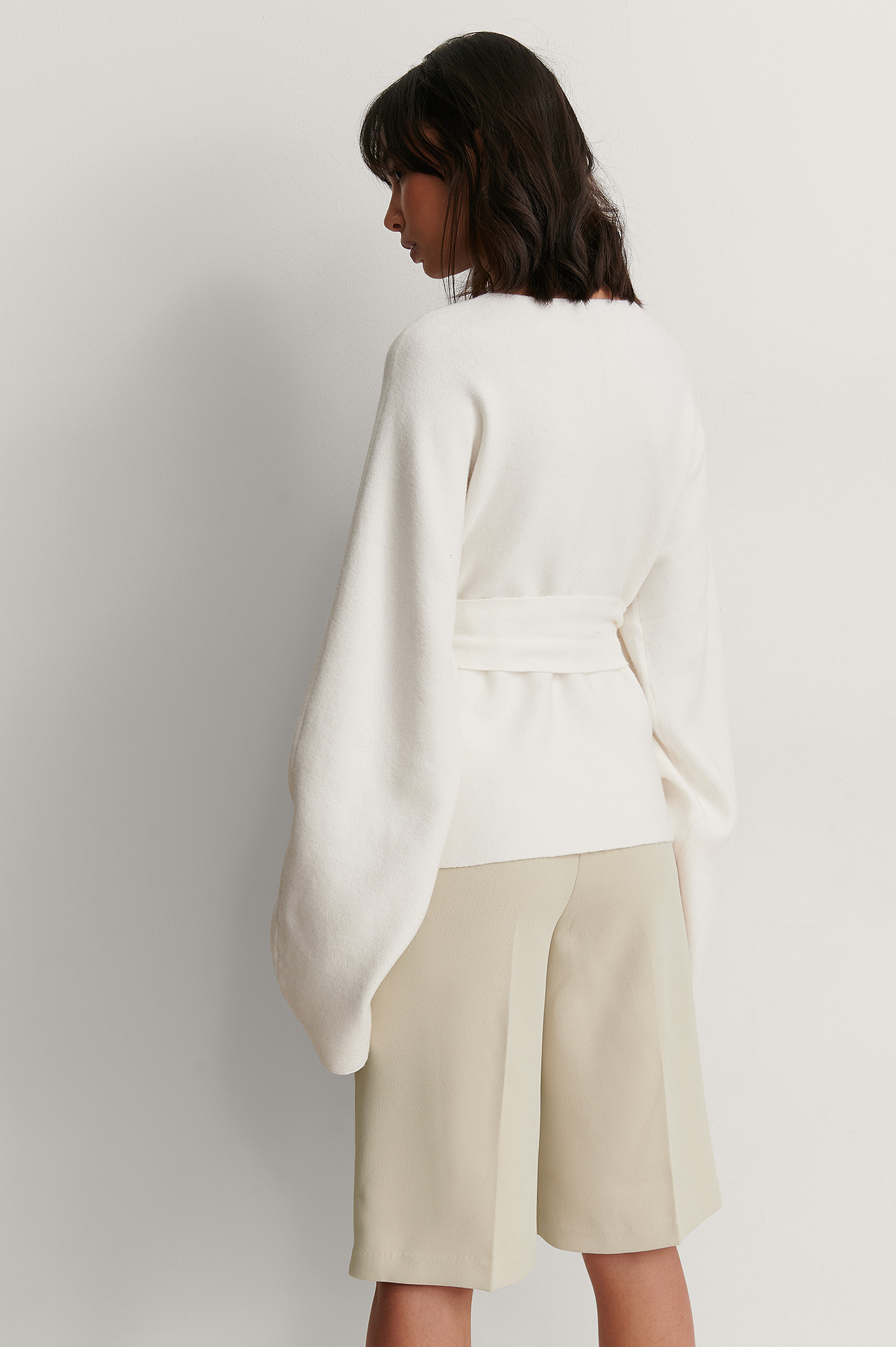 White Wide Sleeve Overlap Knitted Sweater