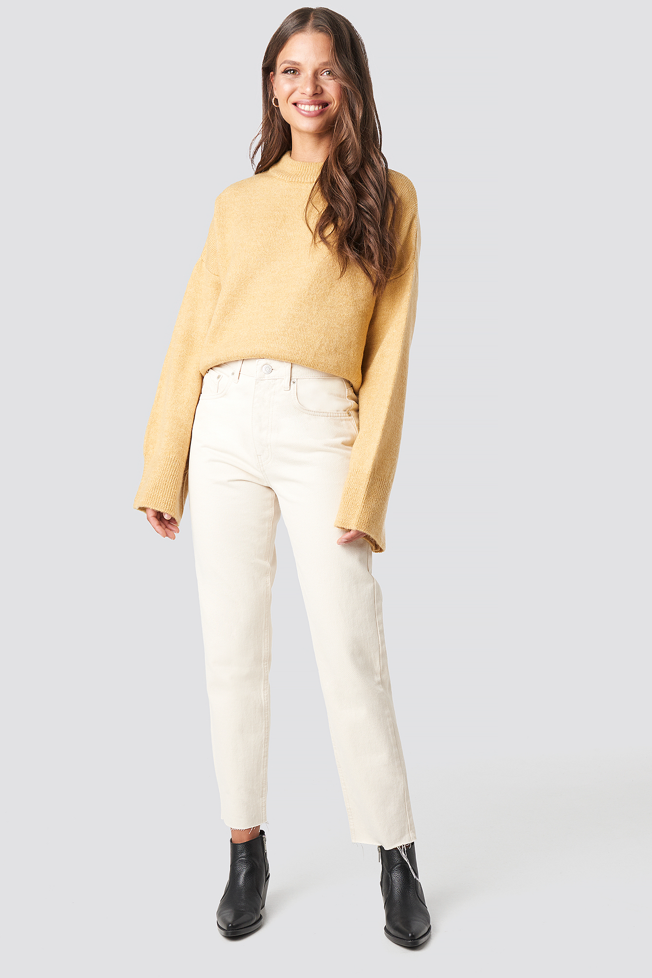 Dusty Yellow Wide Sleeve Round Neck Knitted Sweater
