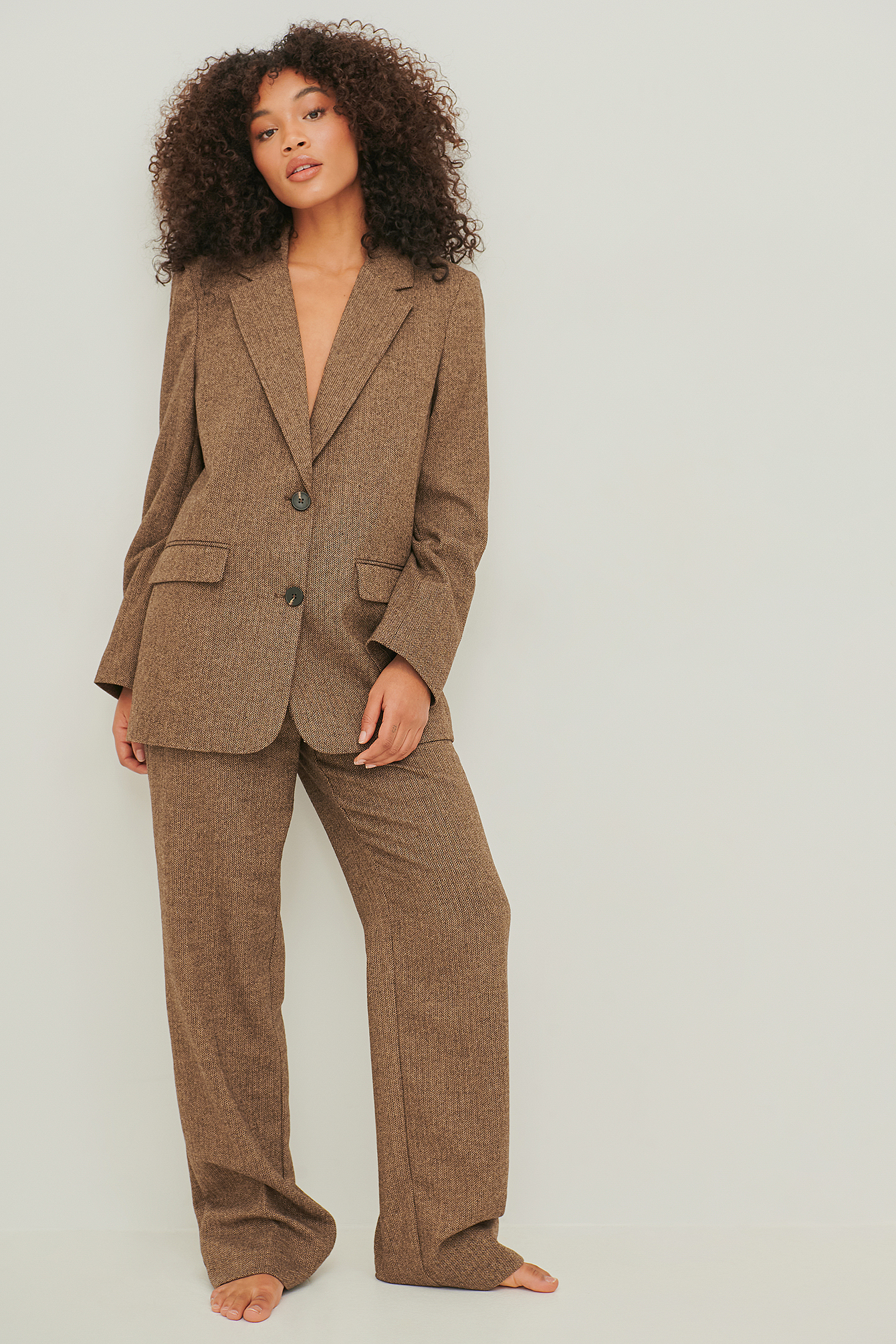 Beige/Brown Wool Blend Herringbone Suit Pants