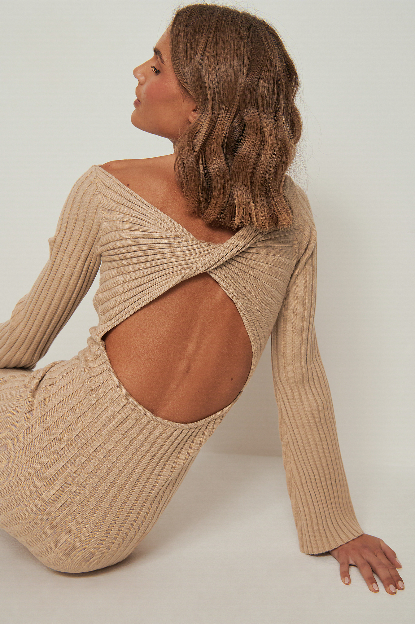 Beige Recycled Wrap Back Detailed Knitted Dress