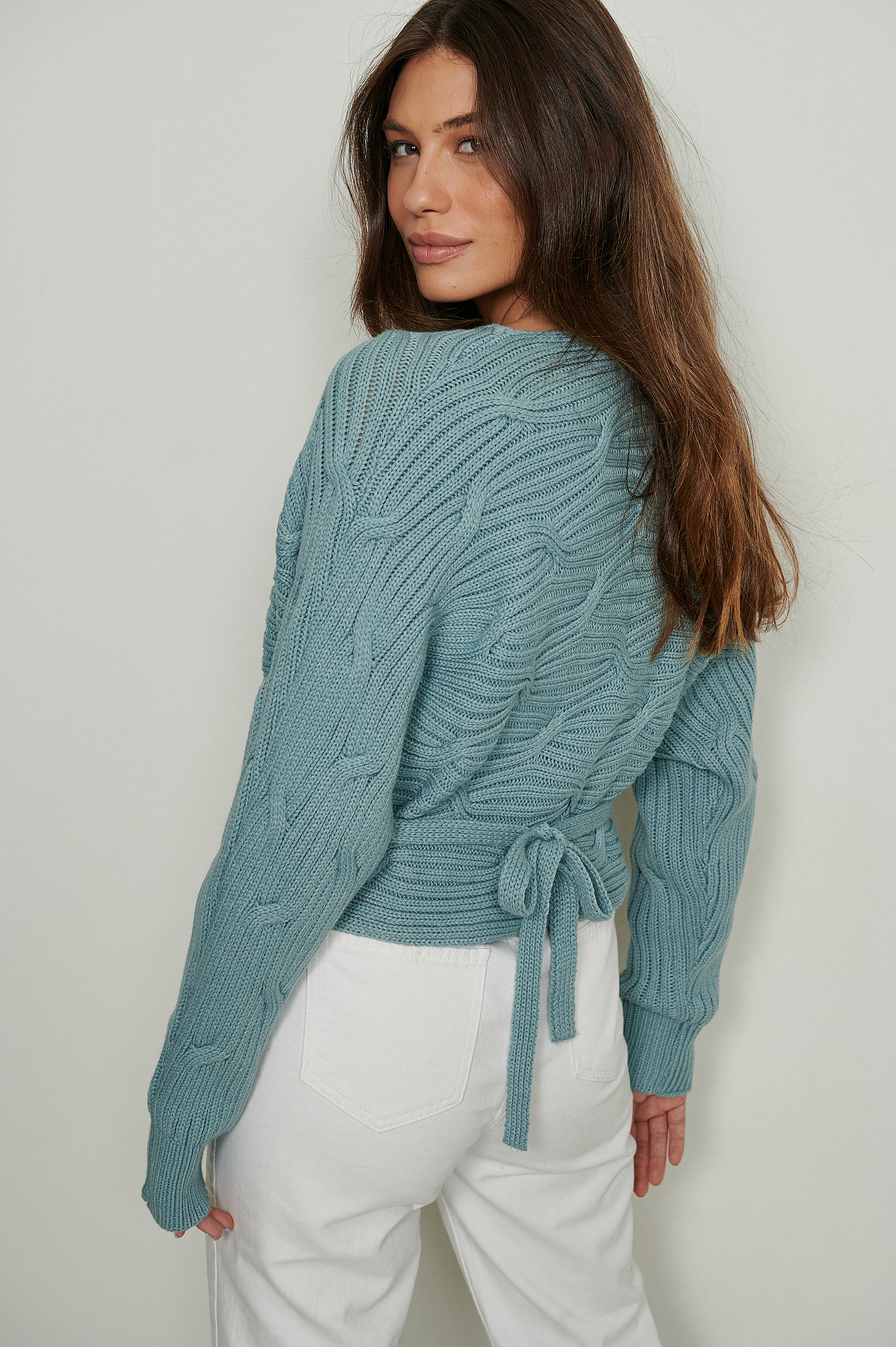 Dusty Blue Wrap Detail Cable Knitted Sweater