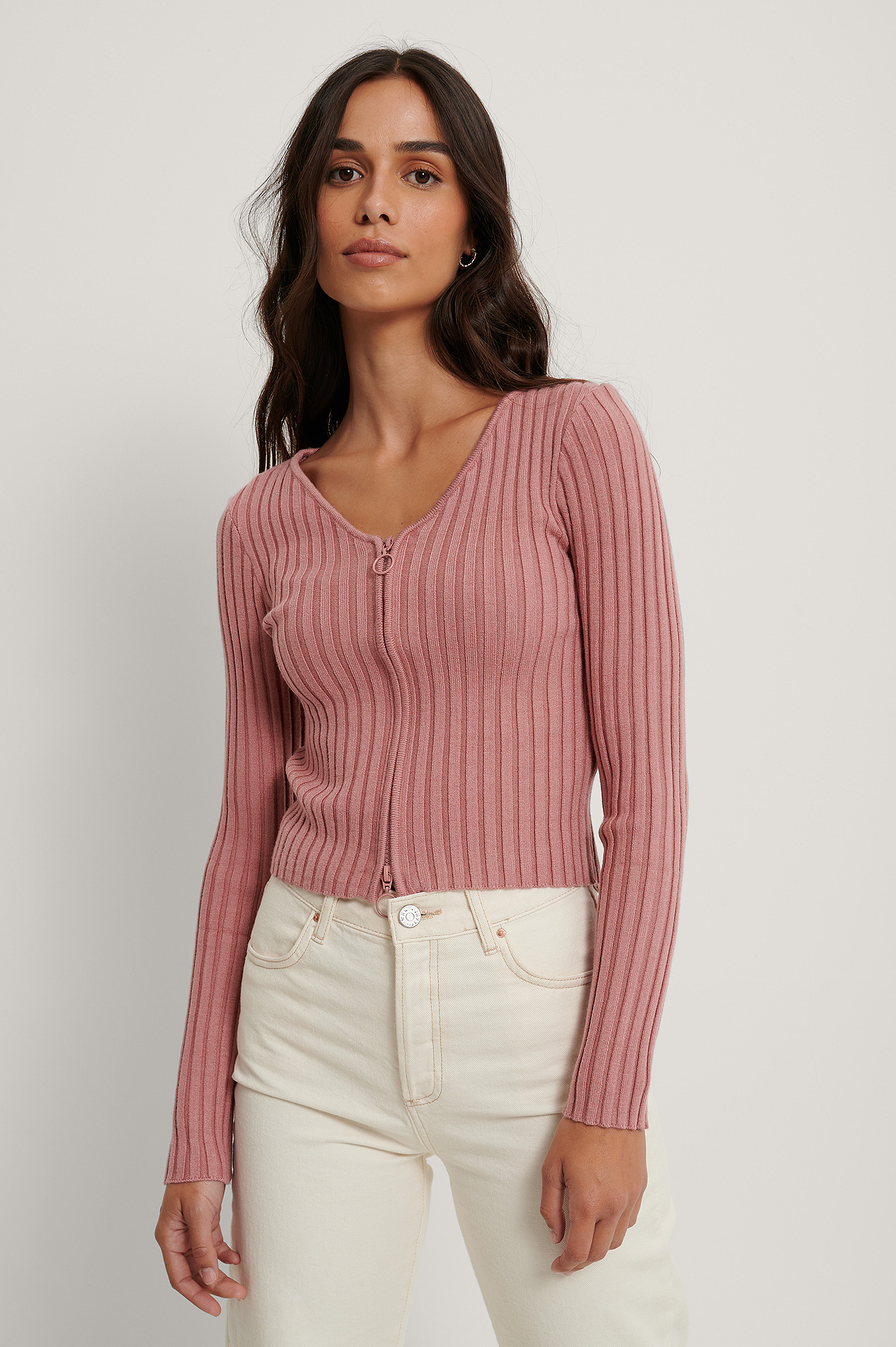Dusty Pink Zip Detail Ribbed Cardigan