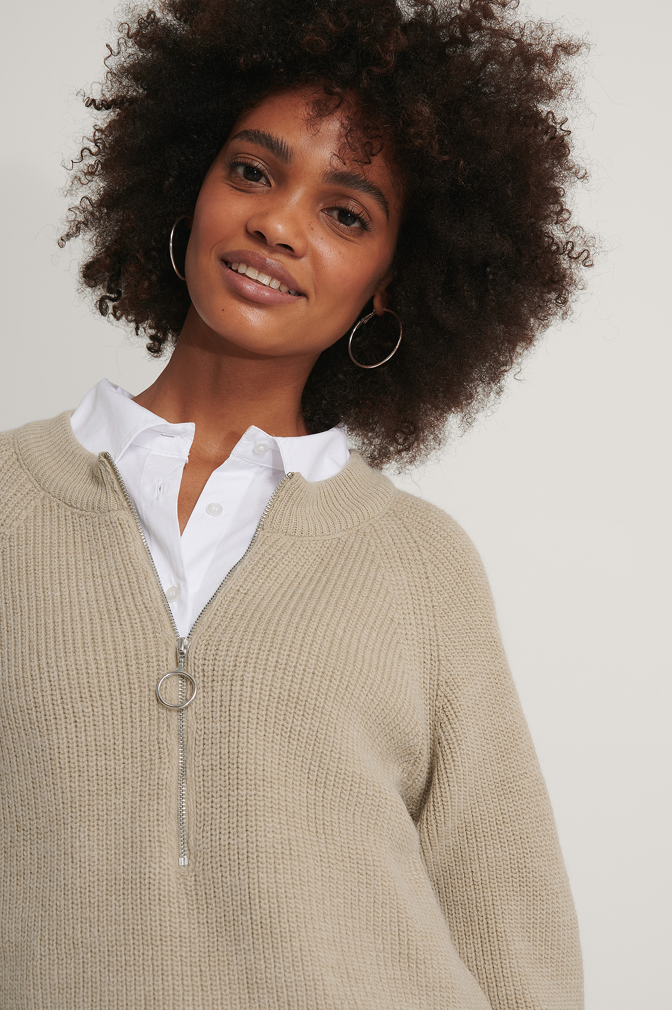 Beige Zipper Front Knitted Sweater