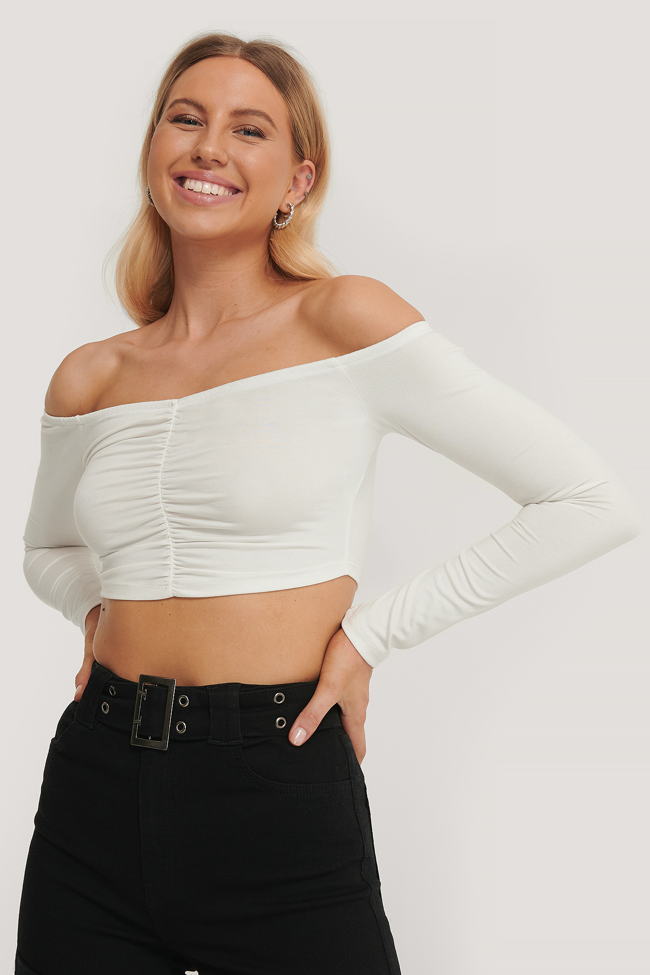 Off White Off Shoulder Cropped Top