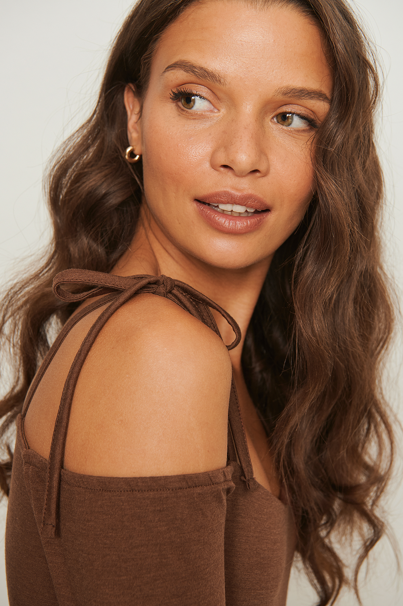 Brown Recycled Off Shoulder Bow Detail Top