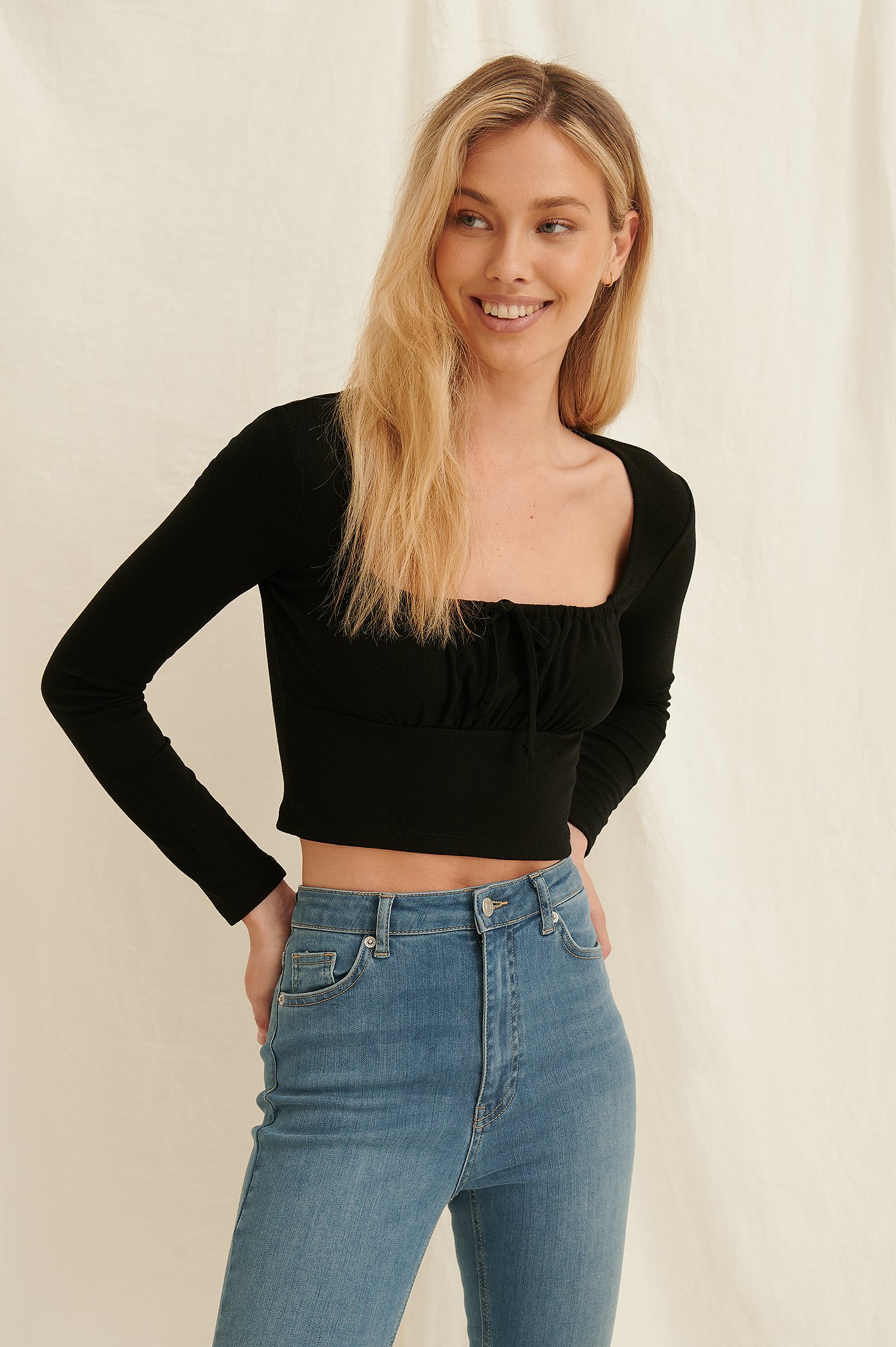 Black Ruched Front Tie Recycled Top