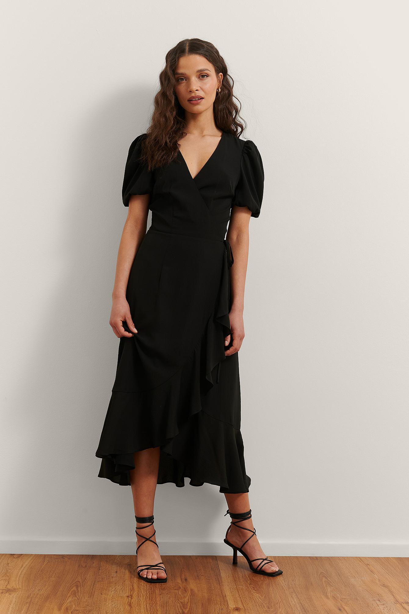 Black Overlap Flounce Midi Dress