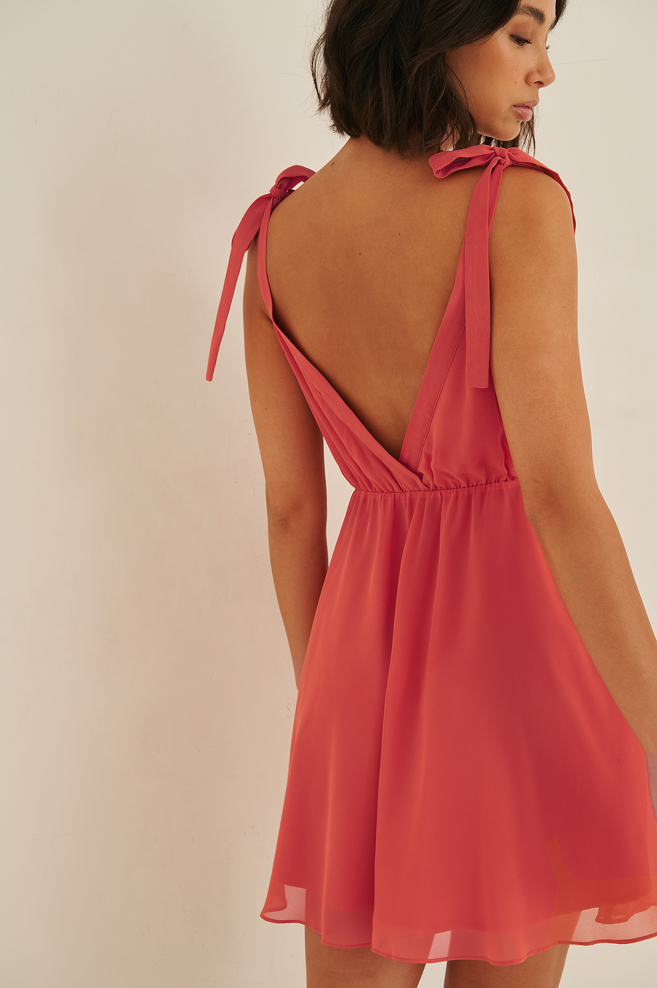 Coral Recycled Open Back Tie Shoulders Mini Dress