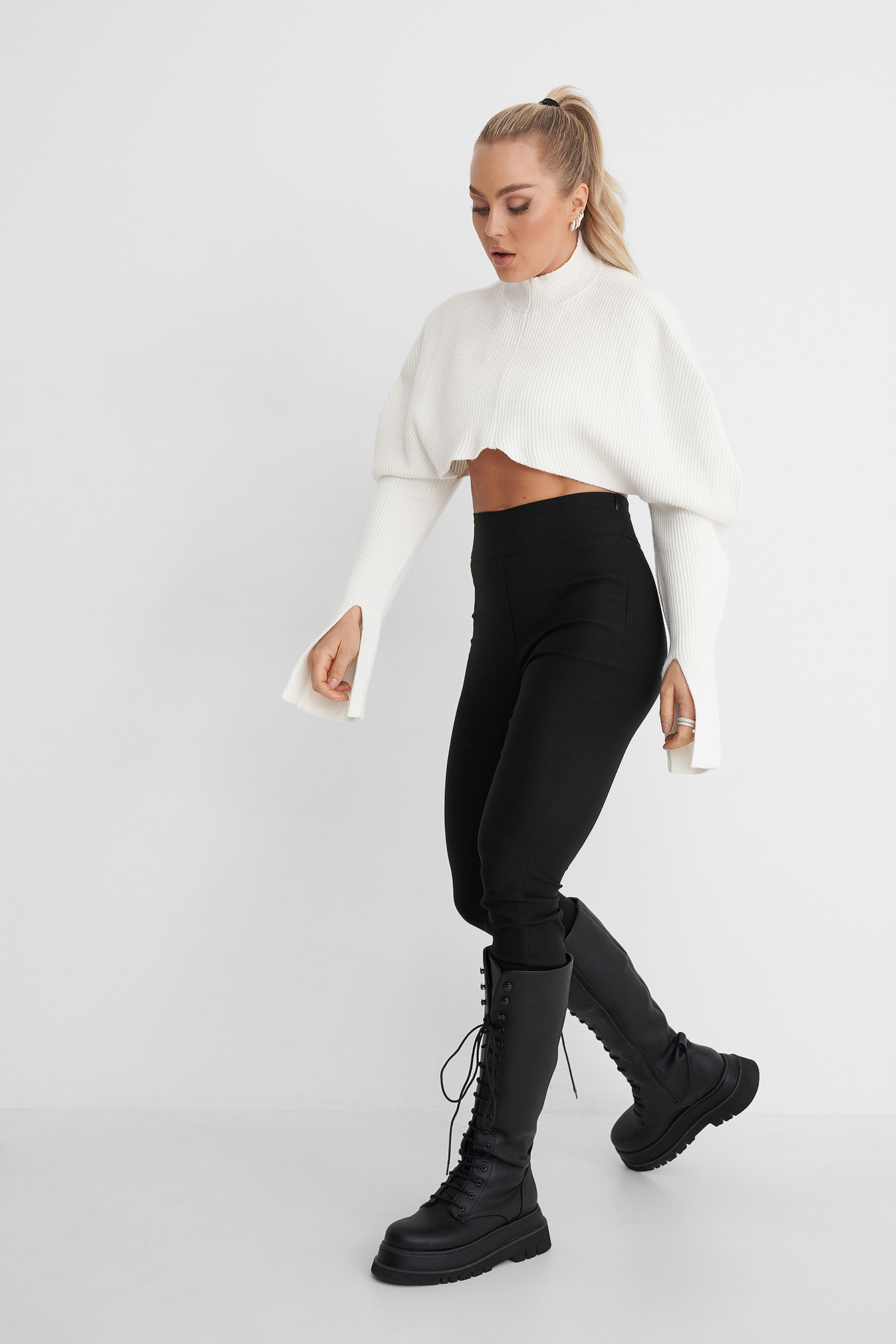 Puff Shoulder Knitted Sweater Outfit.
