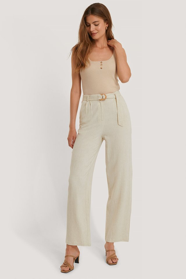 Linen Blend Belted Pants Outfit.