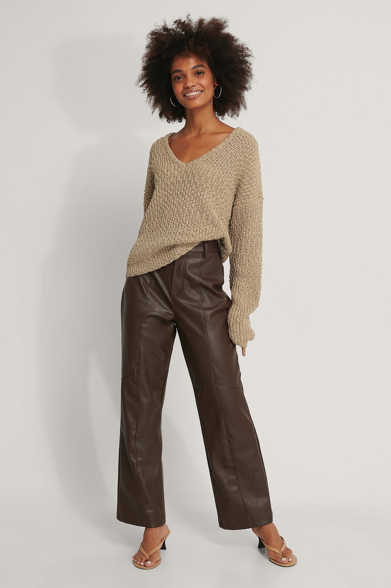 Front V-neck Knitted Sweater Outfit.