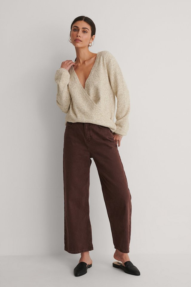 Melange Knitted Overlap Sweater Outfit.