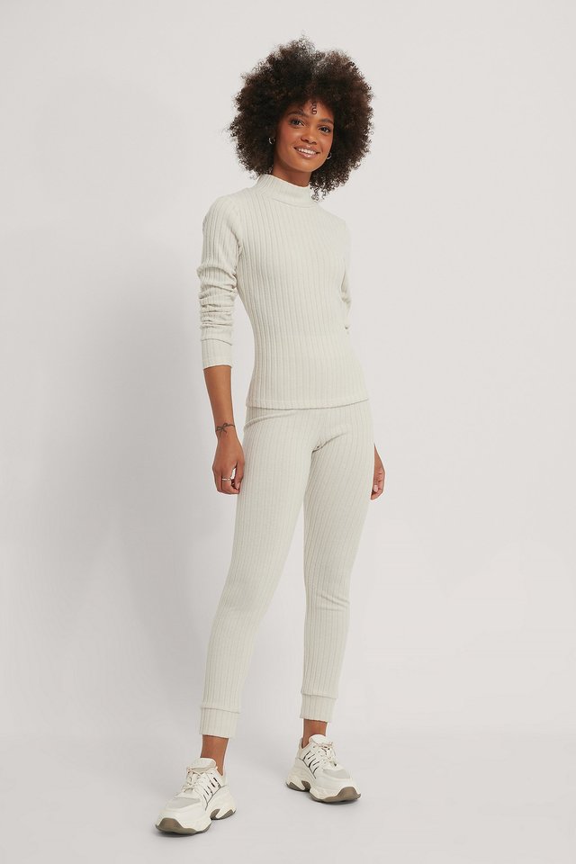 Dusty Light Beige Recycled Soft Ribbed Highneck Long Sleeve