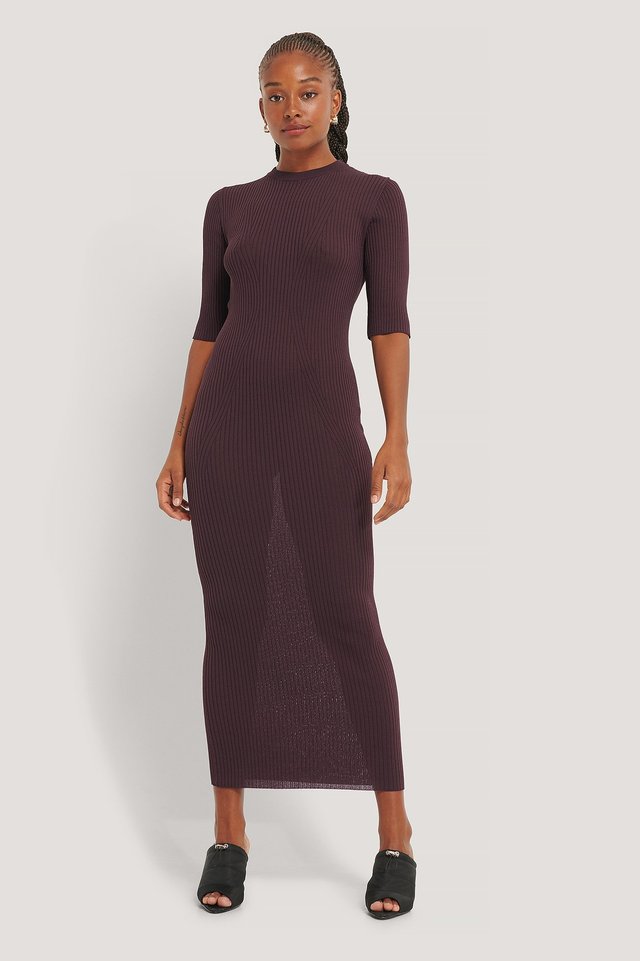 3/4 Sleeve Ribbed Knitted Dress Outfit.