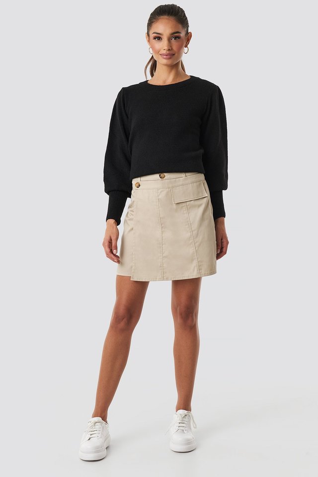 Beige Button Detailed Mini Skirt
