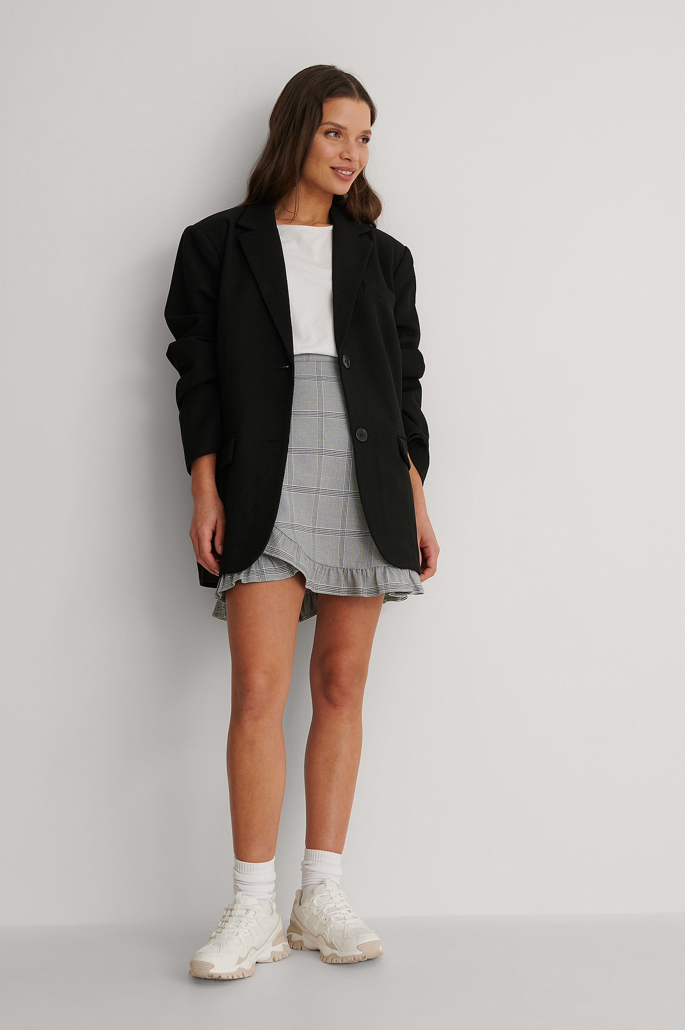 Checkered Wrap Mini Skirt Outfit.