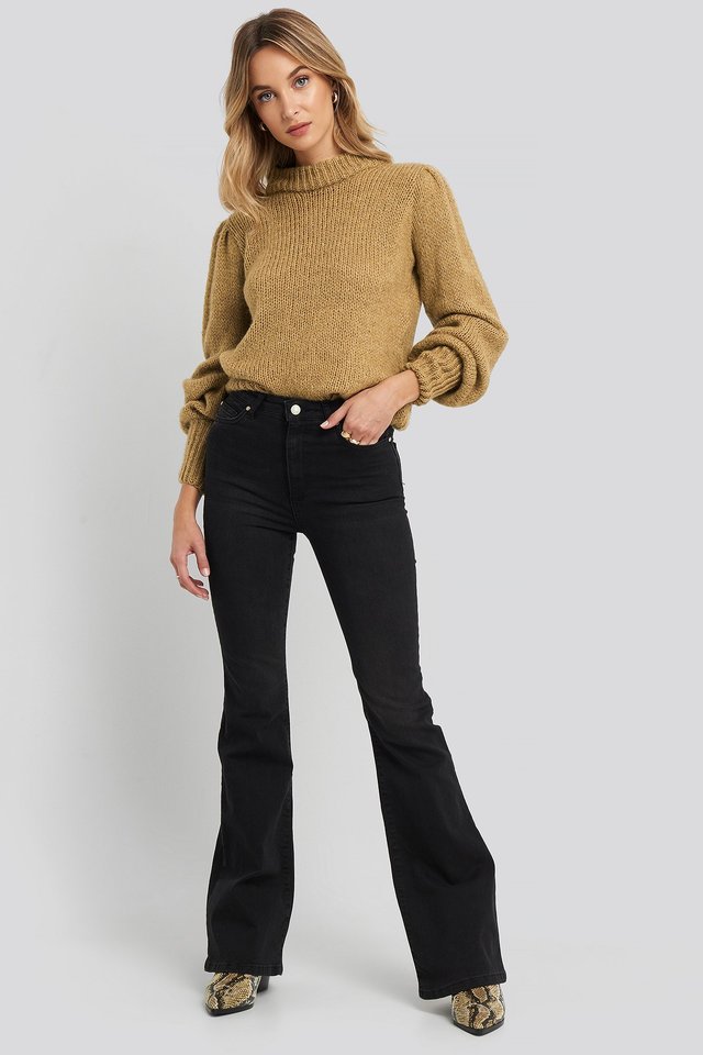 High Neck Ribbed Knitted Sweater Outfit.