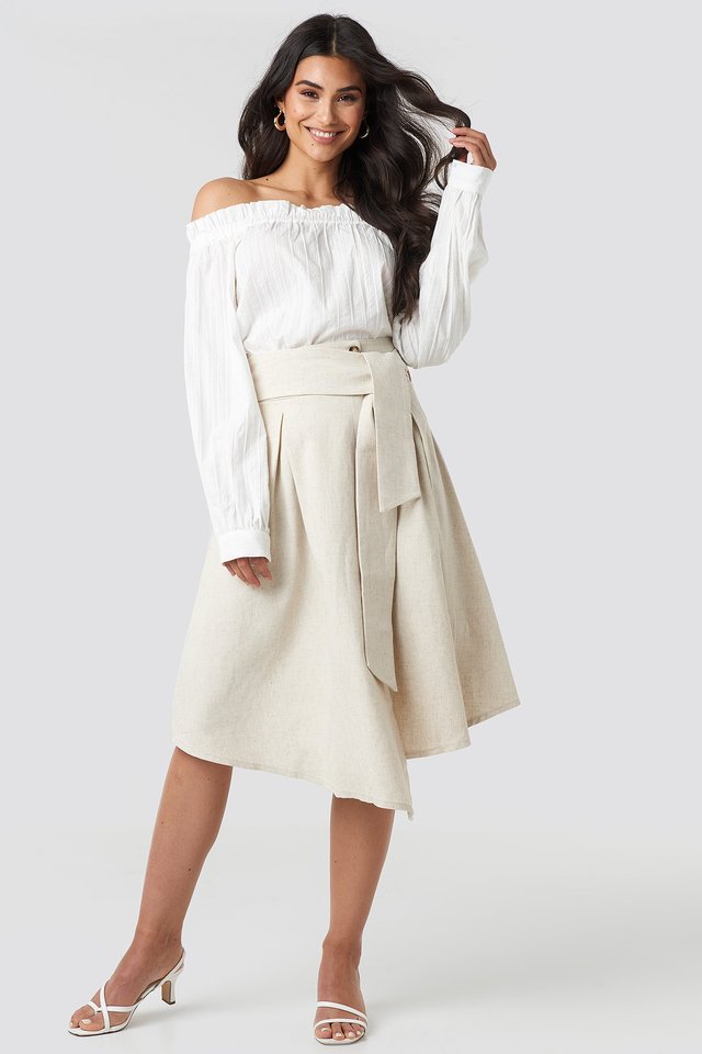 Wrap Over Linen Look Skirt Outfit.