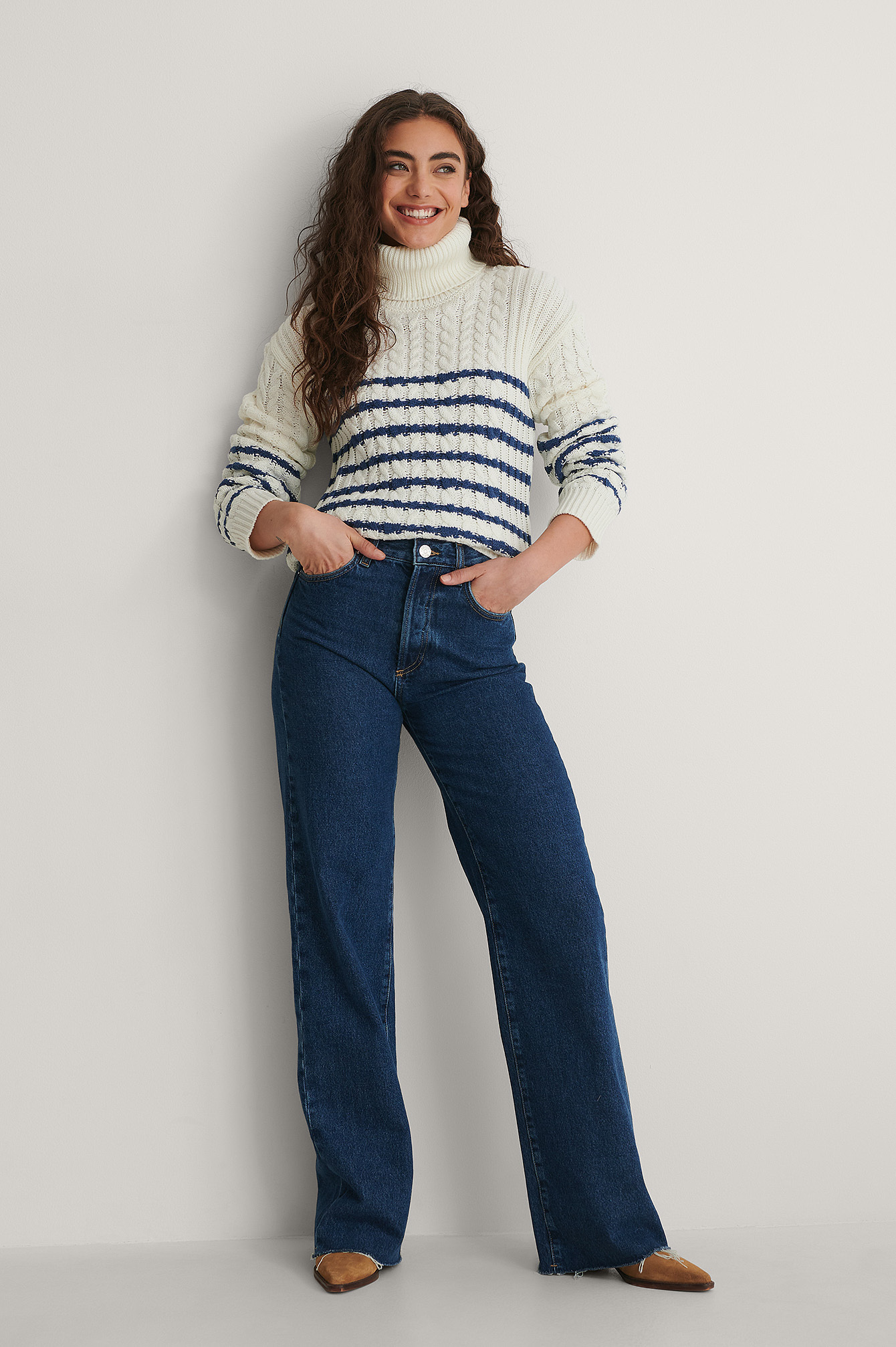 White/Navy Cable Knitted Striped Sweater