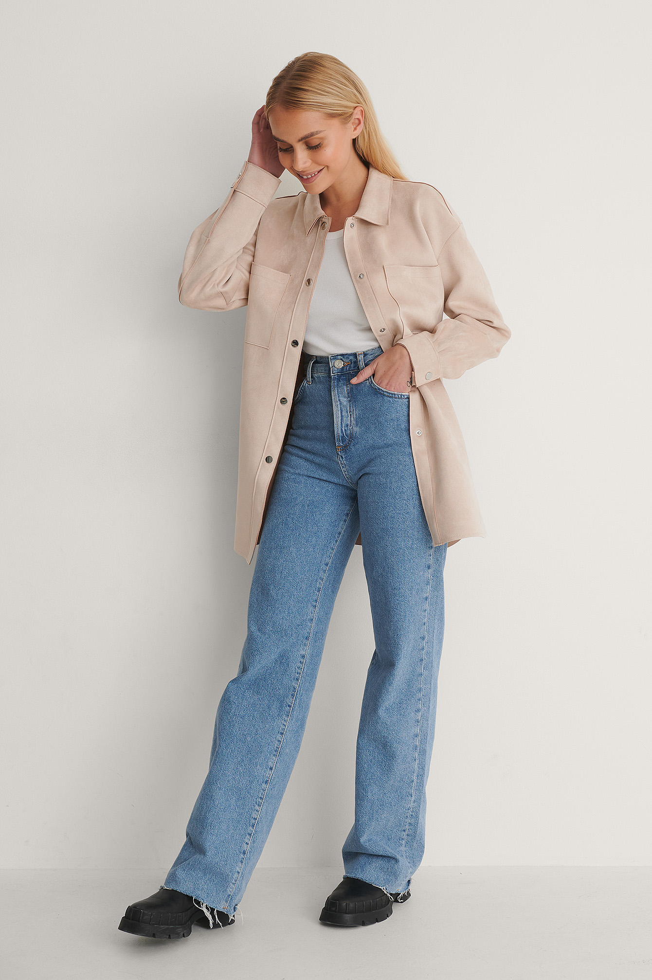 Fake Suede Belted Overshirt Outfit.