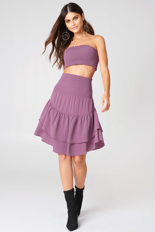 Shirred Part Flounce Skirt Outfit.