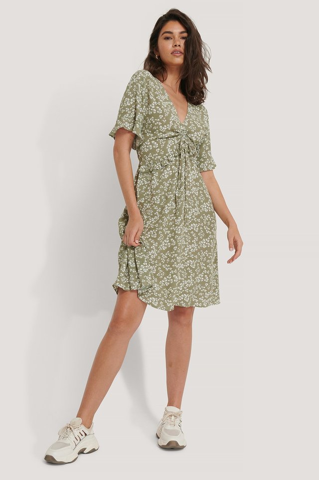 Short Sleeve V-Neck Flounce Waist Dress Green.