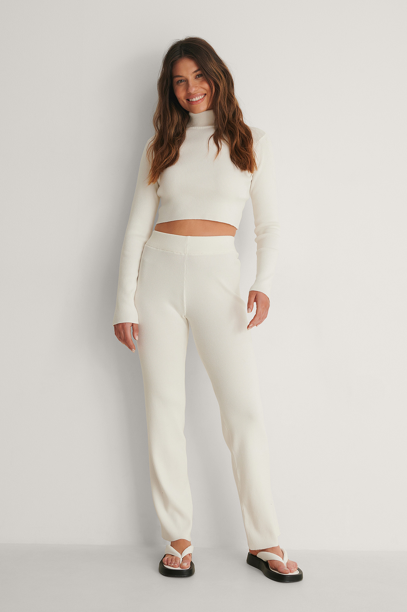 Knitted Ribbed High Waist Pants And High Neck Top Outfit