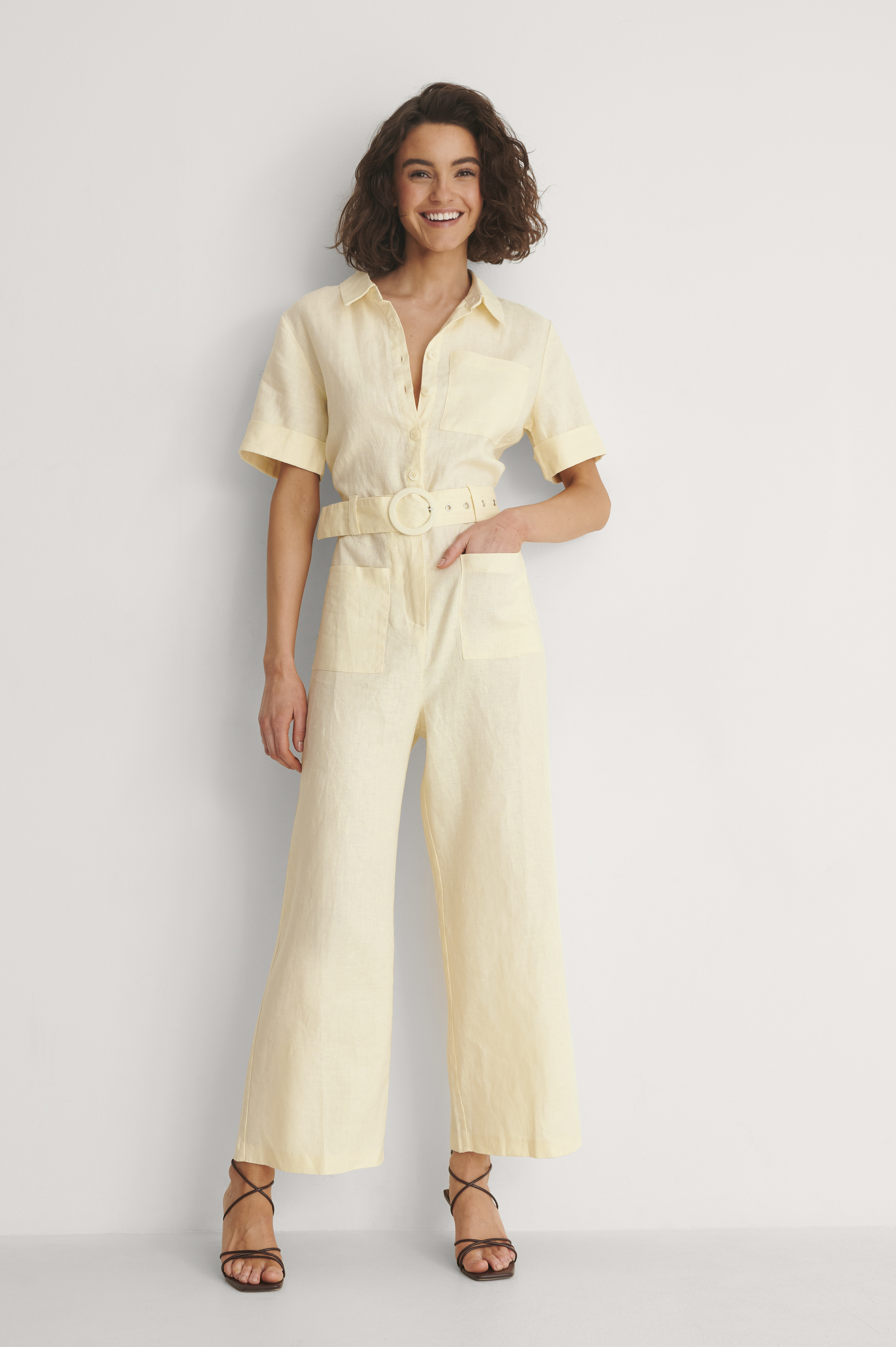 Short Sleeve Linen Jumpsuit Outfit.