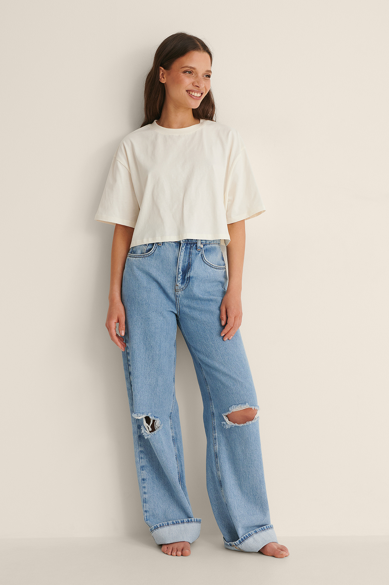 Organic Round Neck Cropped Oversized Tee Outfit.