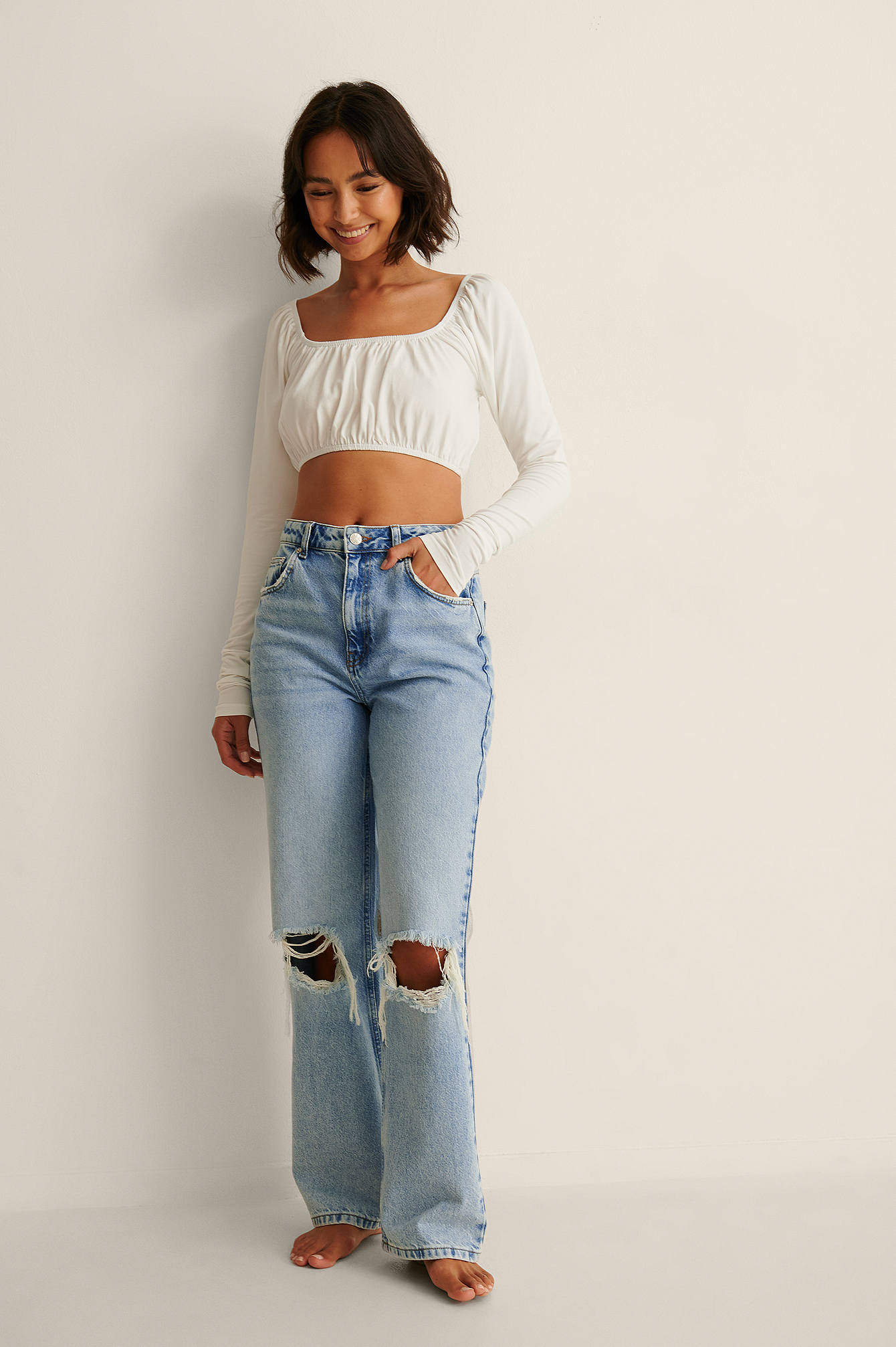 Elastic Neck Detail Crop Top Outfit