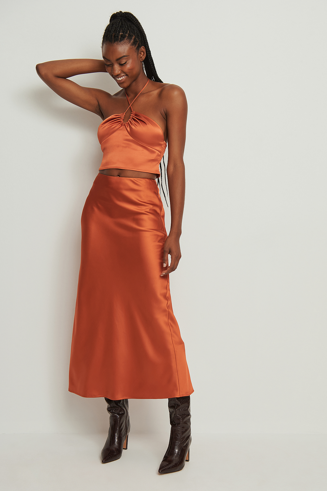 Recycled Satin Midi Skirt Outfit