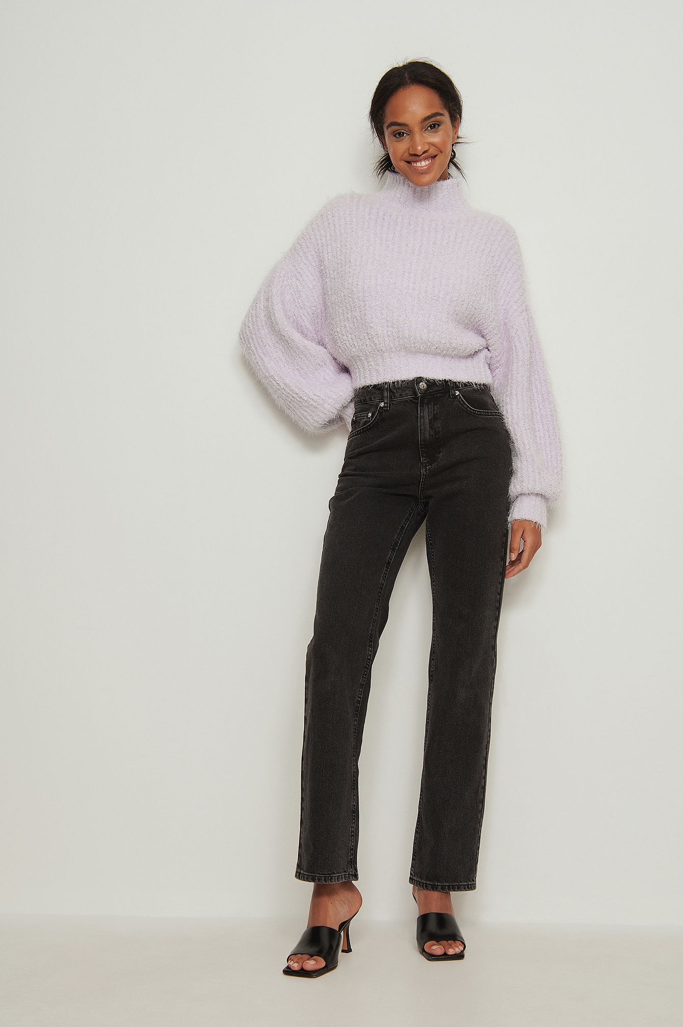 Fluffy Knitted Turtleneck Sweater Outfit
