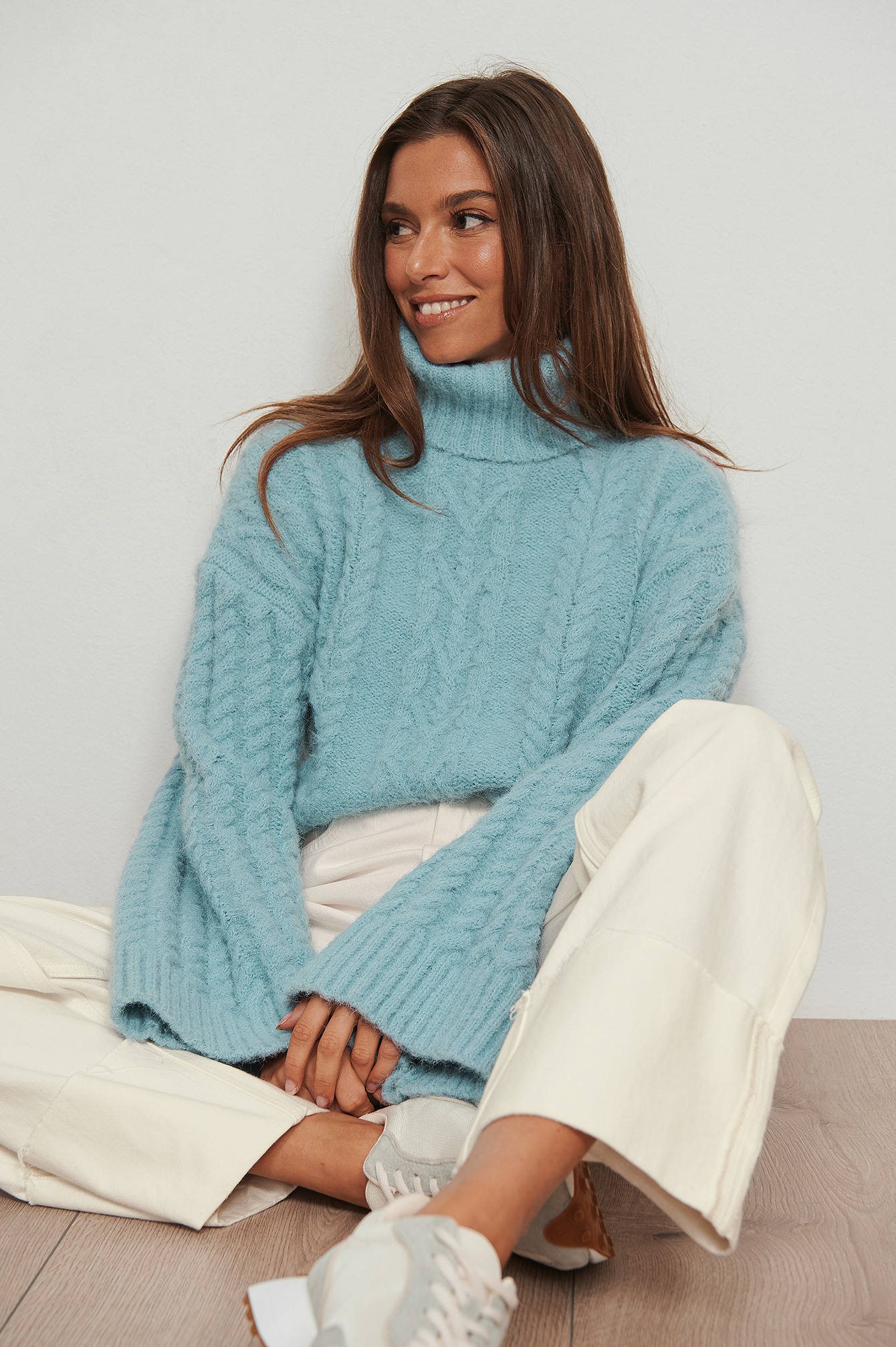 Boxy Cable Knit High Neck Sweater Outfit