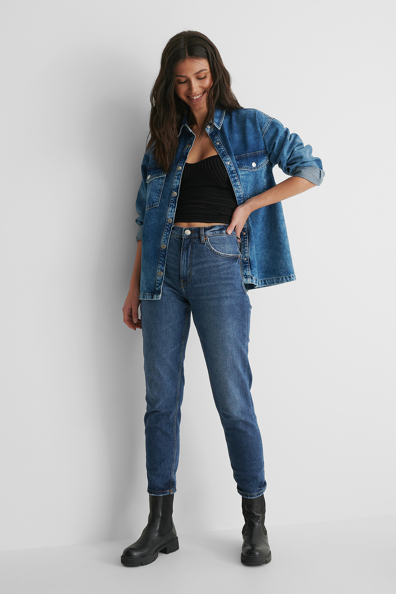 Mango Kendall Top with Denim Shirt and Jeans.