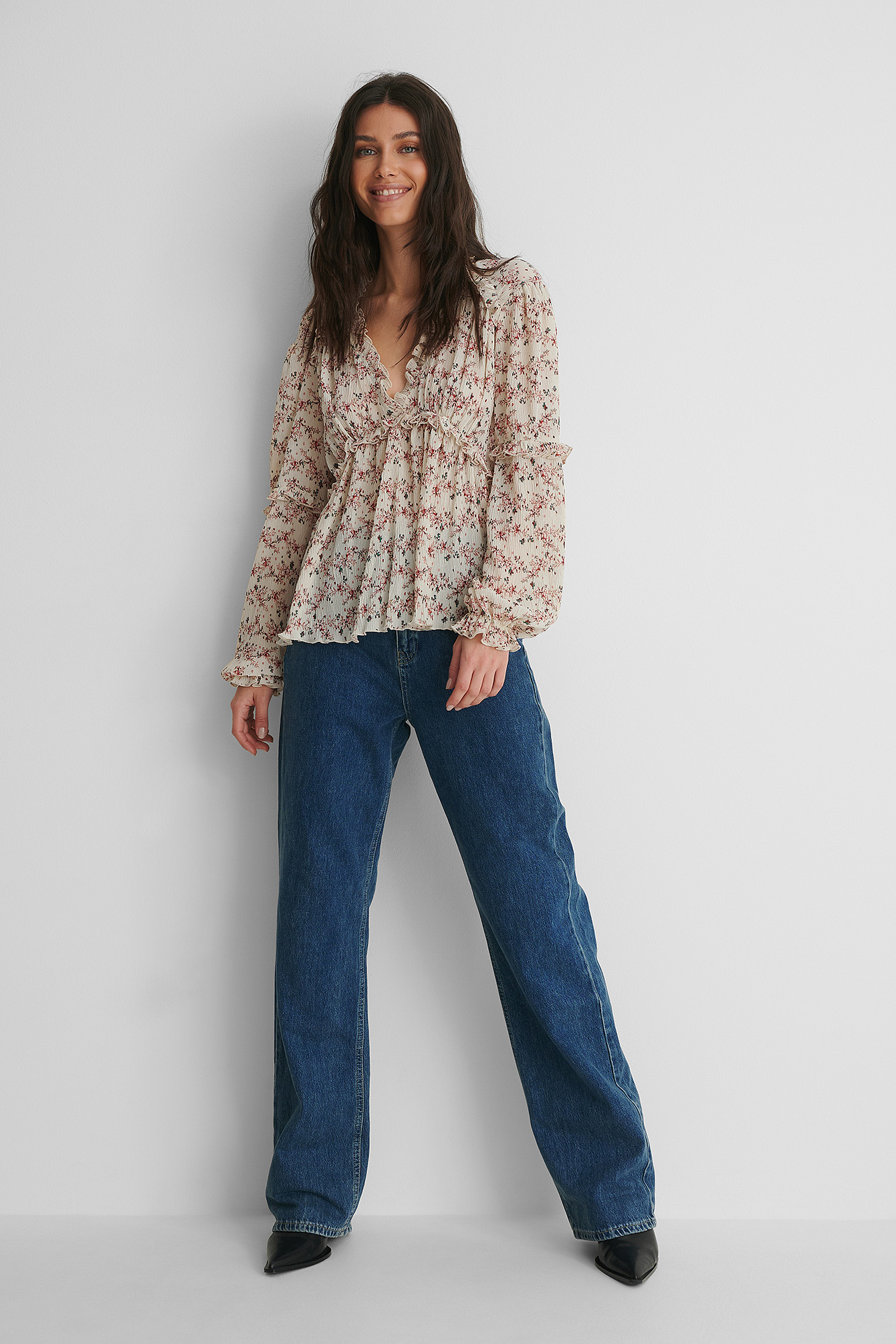 Structured Printed Frill Blouse with Dark Blue Denim.
