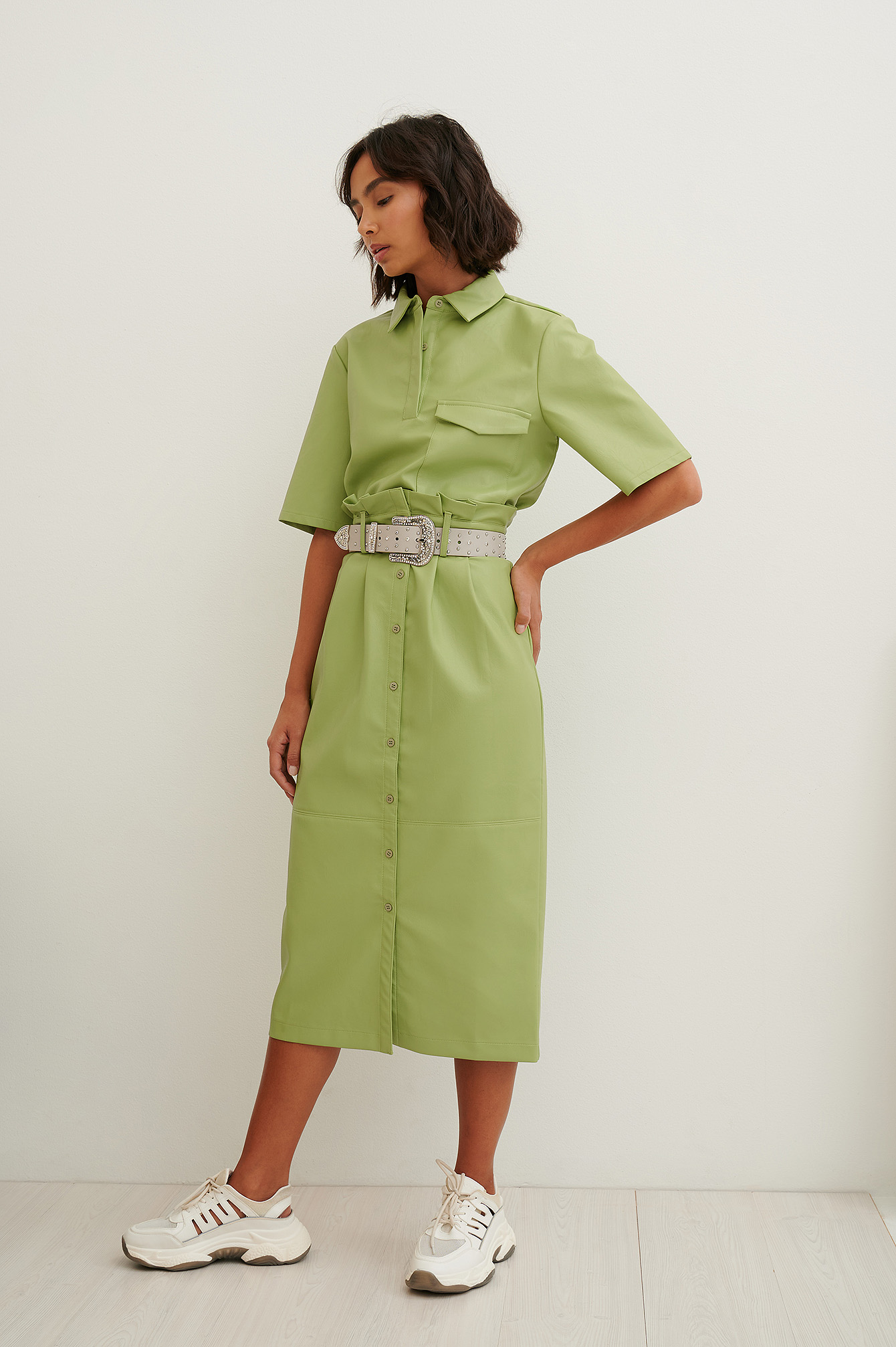 Green Paperwaist Pu Midi Skirt