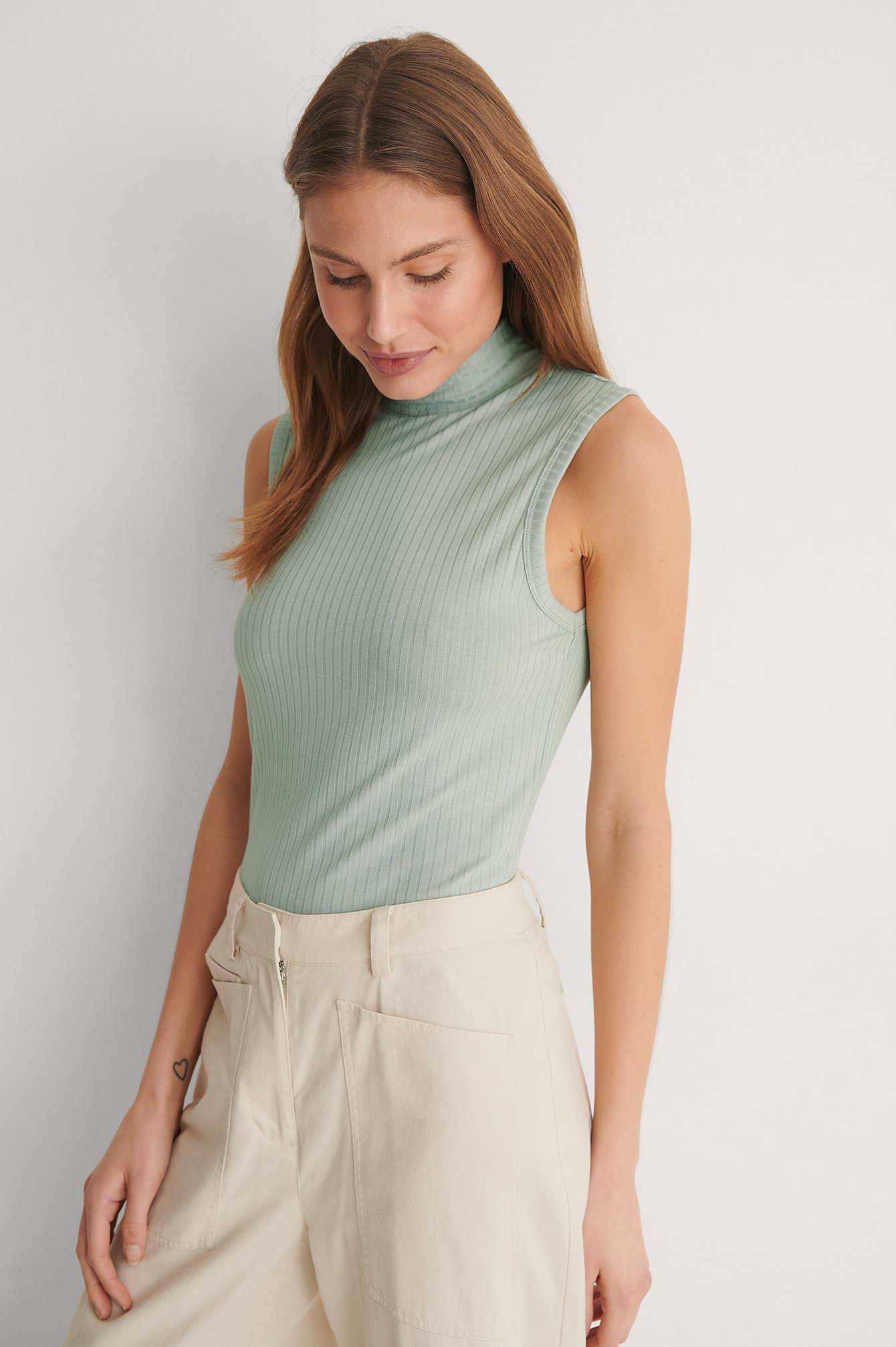 Light Green Recycled Ribbed Tie Neck Detail Top