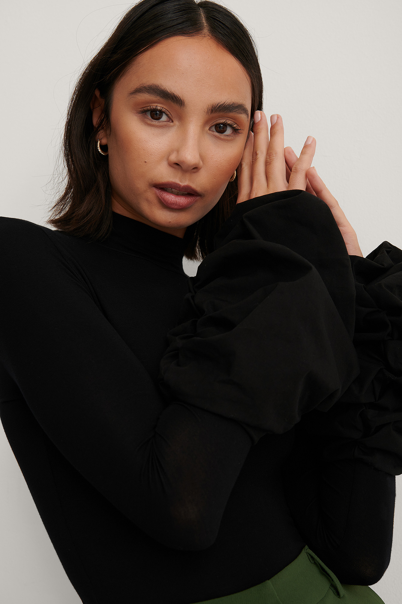 Black Draped Sleeve Fitted Top