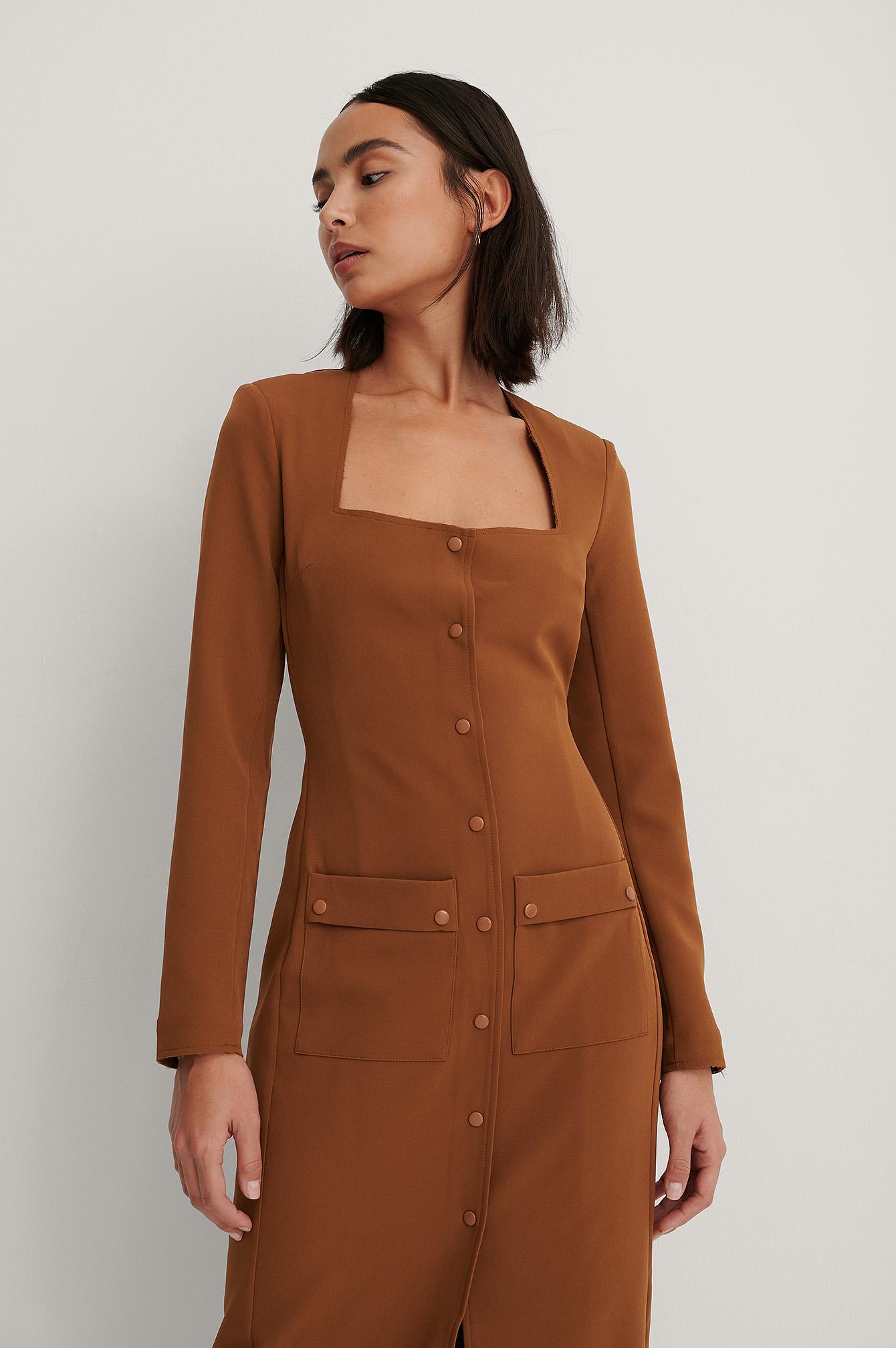 Brown Front Pocket Detail Dress