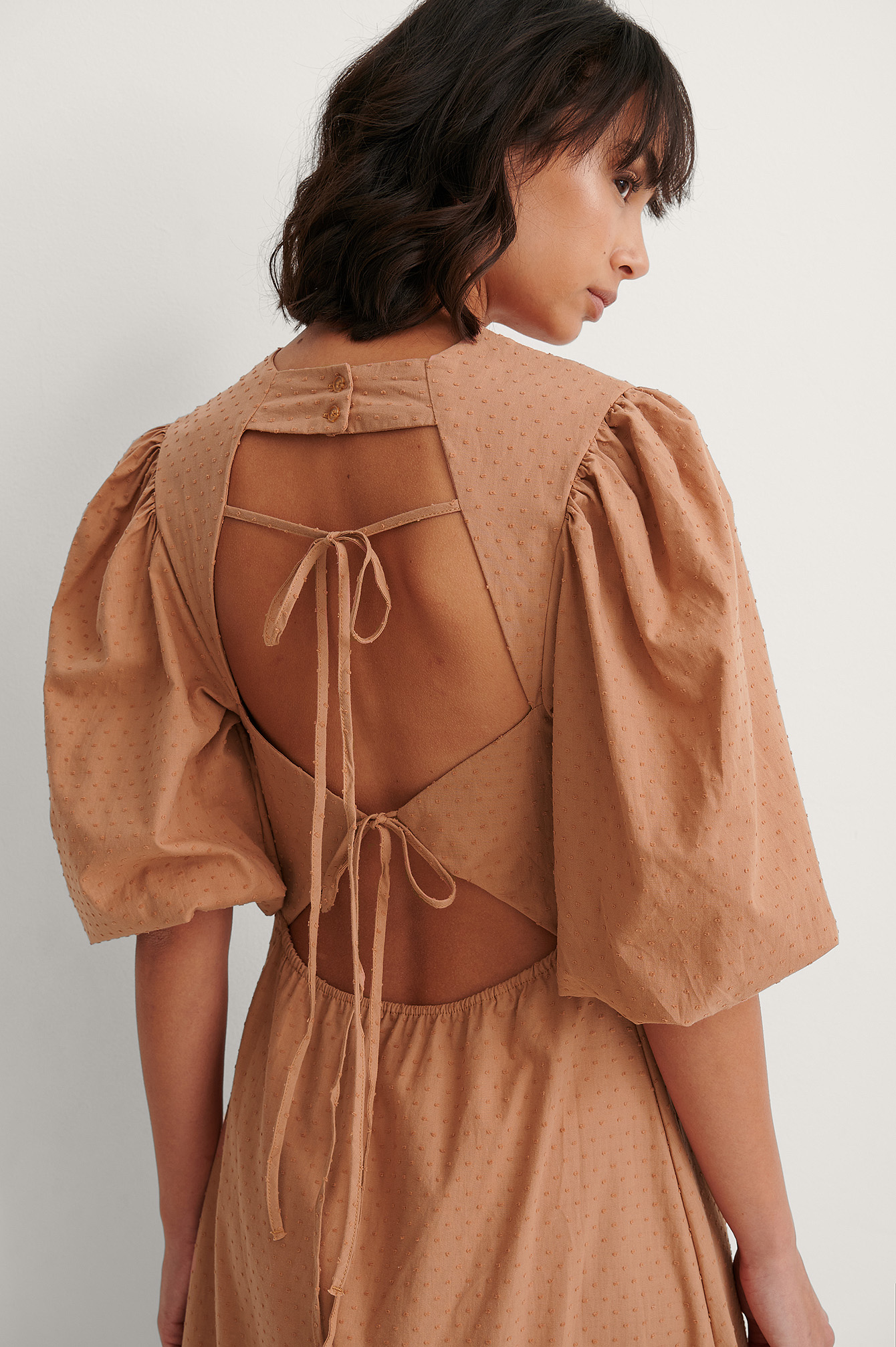 Brown Back Detail Volume Sleeve Dress