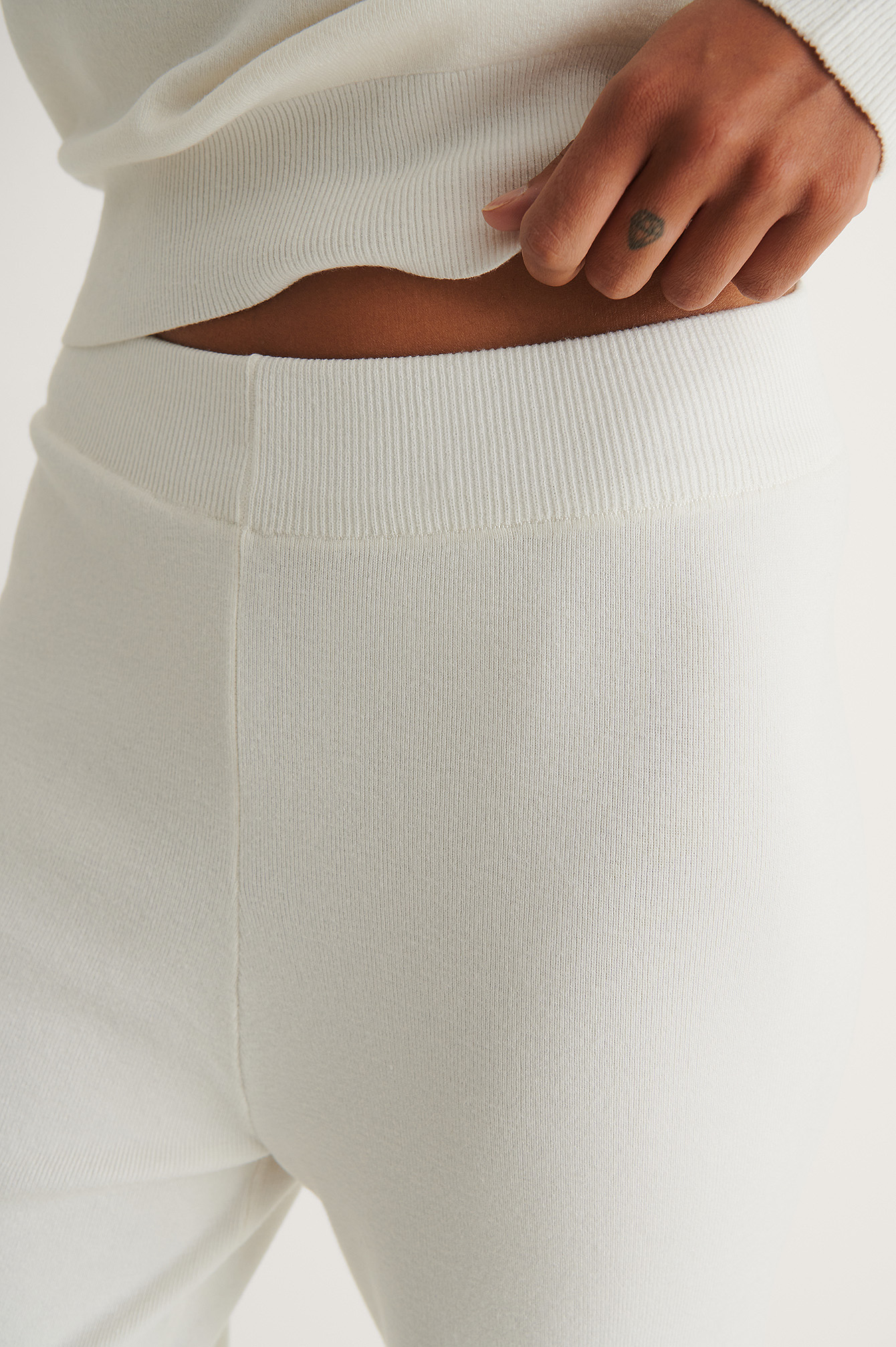 White Wide Knitted Slit Trousers