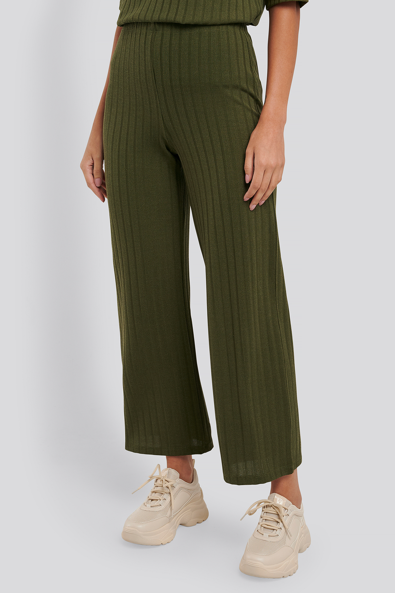 Army Green Wide Rib Loose Fit Pants