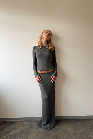 Dark Grey Metallic Knitted Maxi Skirt