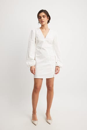 White Asymmetric Buttoned Long Sleeve Mini Dress