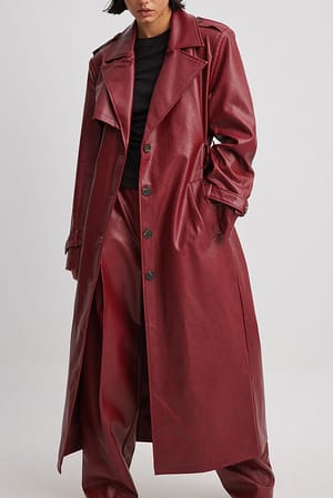 Pomegranate Belted PU Trenchcoat