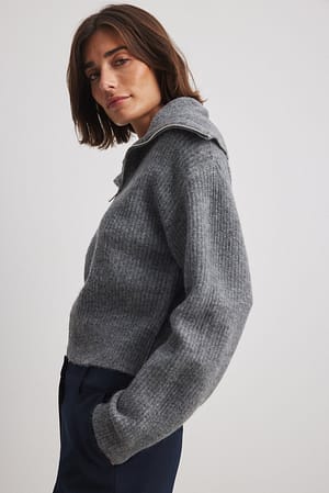 Grey Melange Cardigan tricoté avec grand col zippé