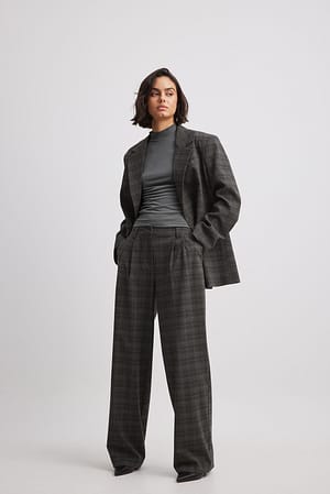 Grey Check Check Pleated Mid Waist Suit Pants